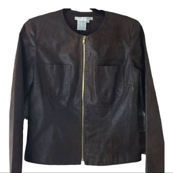#129 MAGGY LONDON Brown Croc Print Leather Jacket - Picture 1 of 7